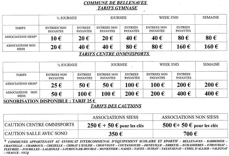 Tarif centre omnisports et ancien gymnase
