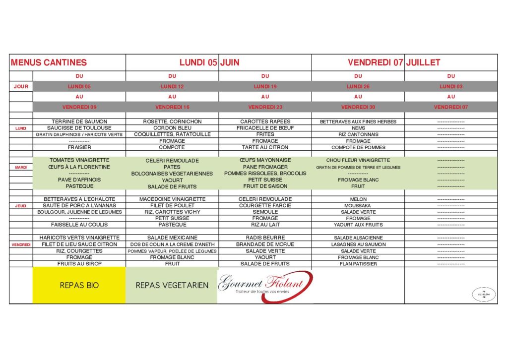Menus CANTINES juin